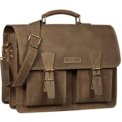 Abbildung von STILORD &#039;Jeffrey&#039; Dokumententasche, Damen und Herren, Leder, Lehrertasche, XL, Umhängetasche, Laptop, 15,6 Zoll, Ordner, A4, Trolley, Seppia braun, Koffer
