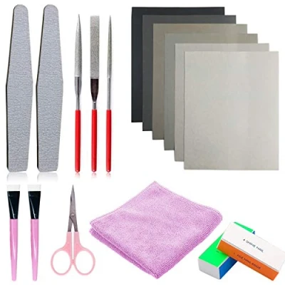 Abbildung von Surflyee 17 Stück Harz Guss Werkzeuge,Kunstharzgussformen,Inklusive Sandpapier, Polierblöcken, Poliertuch, Runde Feile, Halbrunde Feile und Schere zum Polieren von Epoxidharz, Schmuckherstellung