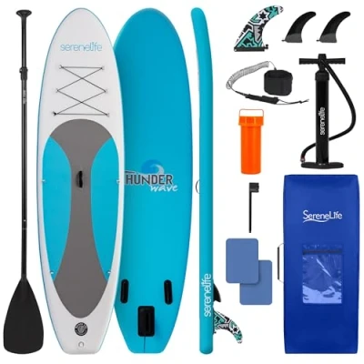 Abbildung von SereneLife Stand Up Paddling Board Set, SUP Komplettes Zubehör, Paddle für Kinder &amp; Erwachsene, Surfbrett Tragetasche, Set Anti Rutsch mit Pumpe, Auflasbares Paddelbrett