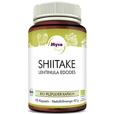 Abbildung von MycoVital Bio Shiitake Pilzpulver Kapseln 93 Stück je 450 mg aus deutschem Anbau 100% Vegan &amp; Ohne Zusätze