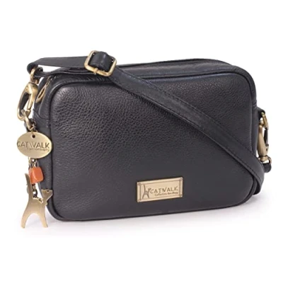 Abbildung von Catwalk Collection Handbags Damen Leder Umhängetasche Klein Crossbody Bag/Moderne Handtasche Verstellbarer Schultergurt POLLY Schwarz