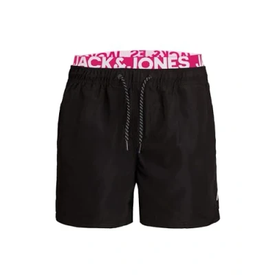 Abbildung von JACK &amp; JONES Herren JPSTARUBA JJSWIMSHORTS AKM DB WB, Badehose, Badeshorts, Black/PINK GIO Logo White, M