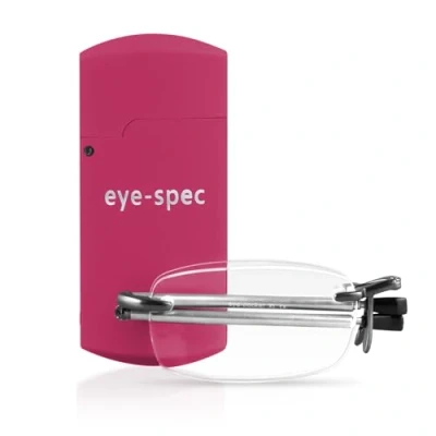 Abbildung von eye spec Smarte, kompakte, rahmenlose, faltbare Lesebrille mit pinkem Mini Etui im Taschenformat Ultraschlankes Design
