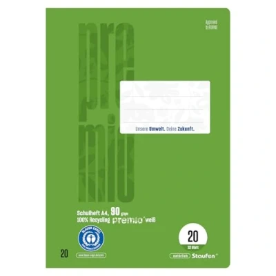 Abbildung von Staufen premio Schulheft 2 Hefte je 32 Blatt, DIN A4, Lineatur 20 (blanko), 90 g/m² Recyclingpapier, runde Ecken verhindern „Eselsohren“