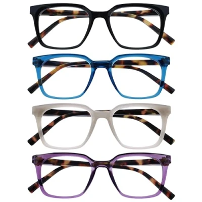 Abbildung von OPULIZE KOI Lesebrille 4er Pack Große Rechteckige Brillenfassung Schwarz Blau Violett Grau Damen Herren Unisex Federscharniere RRRR50 1357 +3.50