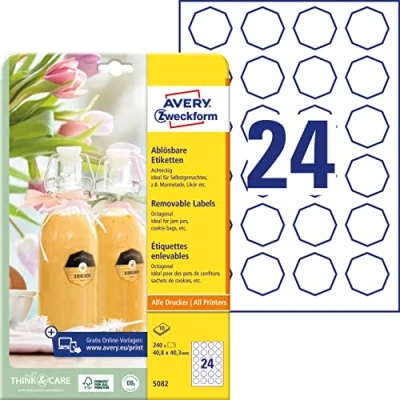 Abbildung von AVERY Zweckform Flaschenetiketten Art. 5082 (240 Aufkleber ablösbar, 40,8 x 40,3mm auf A4, achteckig, für Einmachgläser, Gebäcktüten, Geschenke und Selbstgemachtes aus der Küche) 10 Blatt weiß