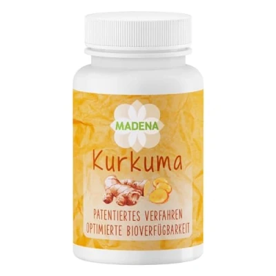 Abbildung von MADENA Kurkuma, Kurkumin hochdosiert, optimierte Bioverfügbarkeit, patentiertes Verfahren, bewusst ohne Piperin und Emulgatoren, vegan 50 Kapseln