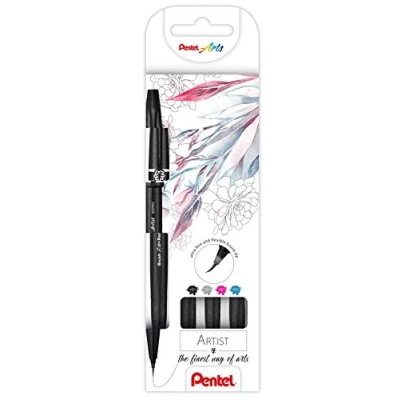 Abbildung von Pentel SESF30C 4 Brush Sign Pen Artist Pinselstift mit extra feiner Pinsel Spitze, 4er Set, sortiert, Schwarz, Grau, Pink, Hellblau