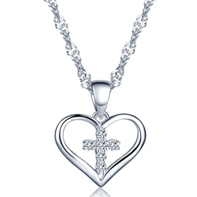 Abbildung von Unendlich U Klassisch Herz Kreuz Damen Halskette 925 Sterling Silber Zirkonia Herzanhänger Kette mit Anhänger