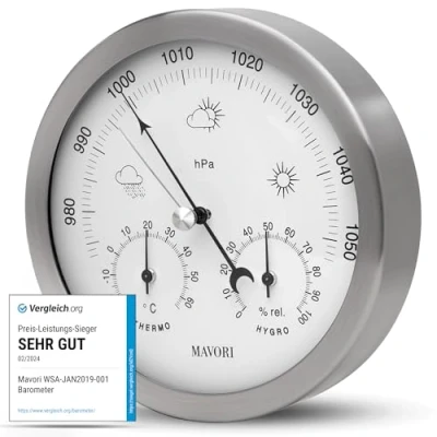 Abbildung von MAVORI® Wetterstation analog 3in1 Barometer, Hygrometer &amp; Thermometer für innen und außen Ø 13,5cm Edelstahl Rahmen mit Acrylglas im modernen Design Inklusive