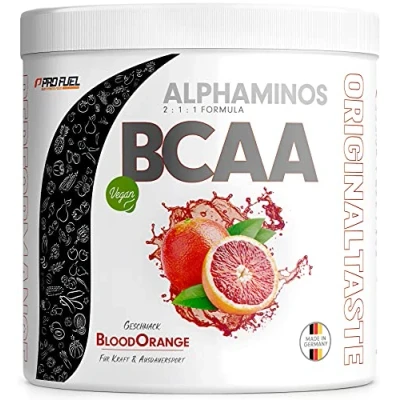 Abbildung von BCAA Pulver 300g Blutorange, TESTSIEGER Alphaminos 2:1:1 Drink, unfassbar leckerer Geschmack, Essentielle Aminosäuren Leucin, Isoleucin &amp; Valin, 100% vegan Top Löslichkeit Laborgeprüft