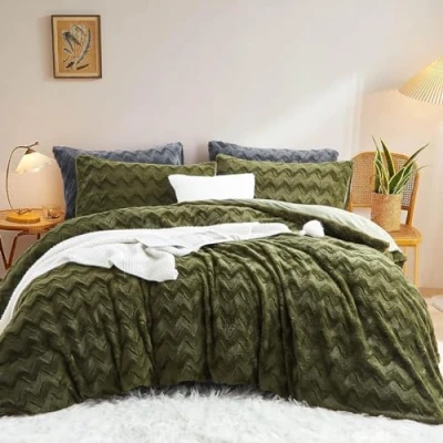 Abbildung von Lanqinglv Plüsch Bettwäsche 135x200 Grün Kunstfell Flauschig Winterbettwäsche Warme Kuschelig Flanell Fleece Wellenmuster Biber Bettbezug mit Reißverschluss und 1 Kissenbezug 80x80cm