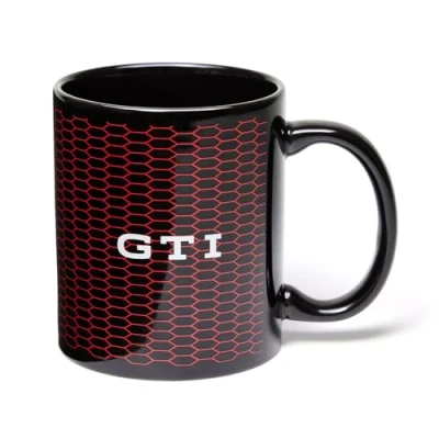 Abbildung von Volkswagen 3A5069601 Tasse Becher 300ml Kaffeetasse, Keramik, schwarz, mit GTI Schriftzug und rotem Wabenmuster