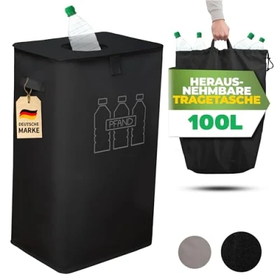 Abbildung von COTTARA® Pfandflaschen Sammelbehälter mit Deckel und Tragetasche Pfandbehälter Einwurf Ideal als Behälter Flaschensammler Leergut für Küche (Schwarz)