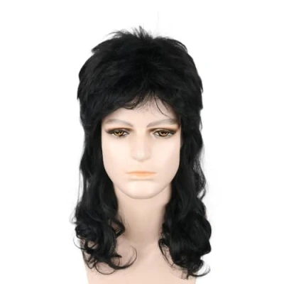 Abbildung von LeMarnia Herren 80er Jahre Vokuhila Perücke Rocker Punk Popstar Lange Lockig Mullet Halloween Party Kostüm Perücken (Schwarz)