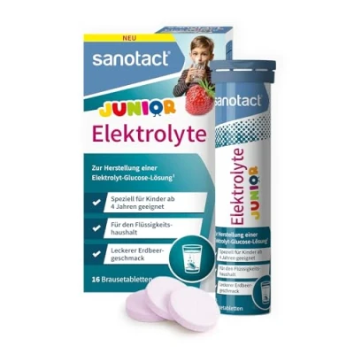 Abbildung von sanotact Elektrolyte Junior (16 Brausetabletten) für Kinder bei Durchfall, Hitze, auf Reisen Zur Unterstützung des Flüssigkeitshaushalts Erdbeer Geschmack