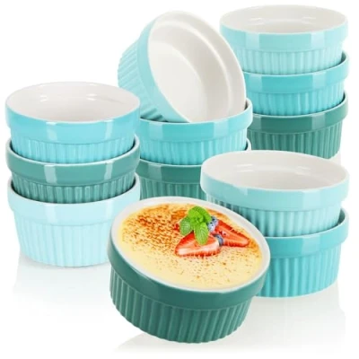 Abbildung von COM FOUR® 12x Soufflé Förmchen Creme Brulee Schälchen aus Keramik Ofenfeste Dessertschale und Pastetenförmchen für Ragout Fin je 270 ml Grüntöne