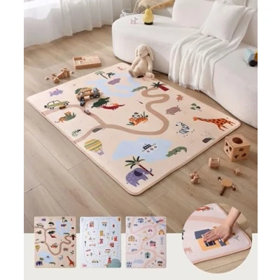 Abbildung von Wolkenweiche Spielmatte Baby 160x120x1,5cm Kinderzimmer Teppich mit hochwertigem Memory Schaum Krabbelmatte rutschfester Unterseite Autoteppich für Kinder, Kinderteppich, Straßenteppich