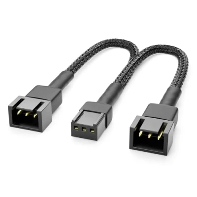 Abbildung von deleyCON 15cm 3 Pin Lüfter Y Kabel Nylon Robustes Adapterkabel für effiziente PC Kühlung 2 an einem Anschluss Schwarz