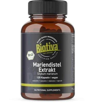 Abbildung von Mariendistel Extrakt Bio Mariendistelextrakt hochdosiert 120 Kapseln je 500mg Abgefüllt und zertifiziert in Deutschland Vegan Biotiva