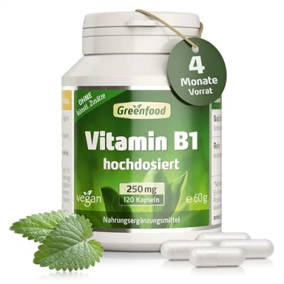 Abbildung von Vitamin B1 Hochdosiert B 1 250mg pro Tag (120 vegane Kapseln) Thiamin essentiell für Nervensystem und Energie ohne Zusätze, Gentechnik, laborgeprüft Greenfood