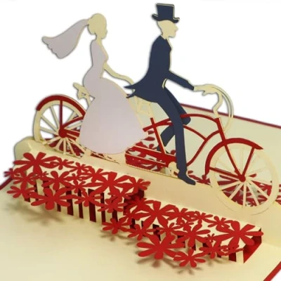 Abbildung von LINPopUp®, LIN17227, Pop Up Karte Hochzeit, 3D Hochzeitskarte Hochzeitseinladung Glückwunschkarte Brautpaar auf Fahrrad, Tandem,N88