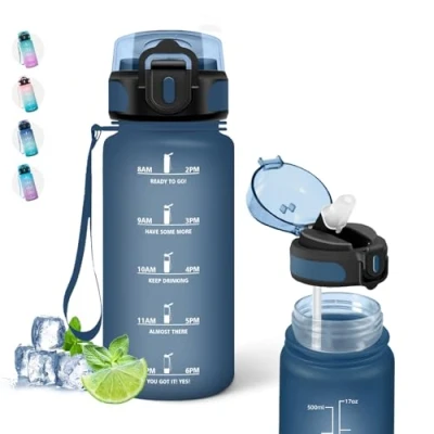 Abbildung von Trinkflasche Kinder 500ml Trinkflasche, Flasche mit Strohhalm, Leicht zu Reinigen, uhrzeit, Auslaufsicher, Wasserflasche Zeitmarkierung für Schule, Reisen, Running, Yoga, Navyblau