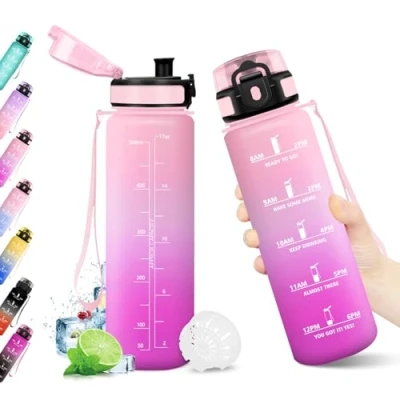 Abbildung von Trinkflasche 500ml, Wasserflasche mit Zeitmarkierung, Filter, Auslaufsicher, BPA frei, Sportflasche für Fitness, Fahrrad, Büro, Schule, Outdoor, Yoga, Erwachsene, Sprudel geeignet