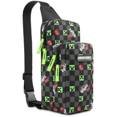 Abbildung von Minecraft Sling Bag Kinder, Brusttasche Umhängetasche mit Reißverschluss &amp; Verstellbarem Gurt Geschenke für Jungs (Schwarz/Mehrfarbig)