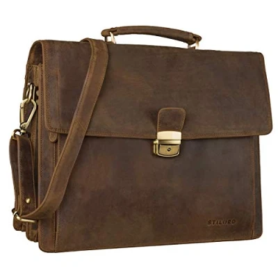 Abbildung von STILORD &#039;Noel&#039; Aktentasche Leder Herren Vintage groß klassische Arbeitstasche Bürotasche Umhängetasche Dokumententasche mit Laptopfach 13,3 Zoll und Trolleyschlaufe, Farbe:mittel braun