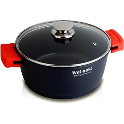 Abbildung von WECOOK Ecochef Titanium Hochinduktionskasserolle Glasdeckel 28 cm, 5 Antihaftschichten QUANTANIUM Ökologisch ohne PFOA, Aluminiumguss mm, 12,5 cm hoch, Silikongriffe, Vitrokeramik, Gas, Ofen