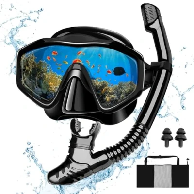 Abbildung von MILFECH Schnorchelset Erwachsene, Schnorcheln Set mit Taucherbrille und Trocken Schnorchel,Anti Fog Anti Leck Schnorchelmaske aus Gehärtetem Glas,für Tauchen Schwimmen,Dry Schnorchel