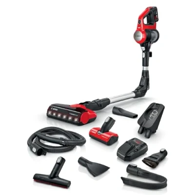 Abbildung von Bosch Akku Staubsauger Unlimited 7 ProAnimal BKS711PET, kabelloser Tierhaar Staubsauger, beutellos, Knickrohr, Hygiene Filter, 10 Jahre Motorgarantie, XXL Polsterdüse, LED Beleuchtung, Turbostufe, rot
