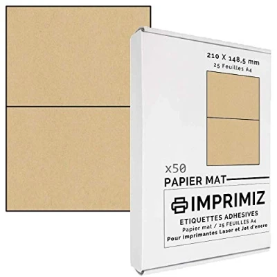 Abbildung von 50 selbstklebende Etiketten aus natürlichem Kraftpapier, 148,5 x 210 mm, 2 Etiketten/Blatt, für Laser und Tintenstrahldrucker, 25 Blatt A4