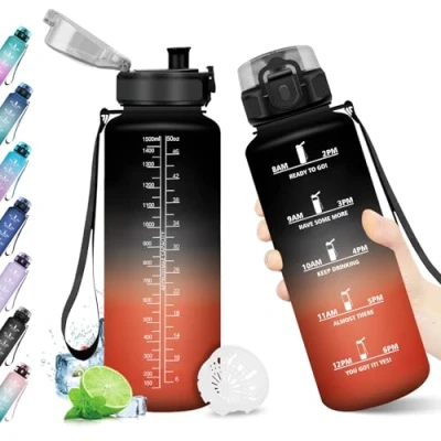 Abbildung von Wasserflasche 1.5L, mit Filter, Motivierende Trinkflasche, Auslaufsicher und Zeitmarkierung, BPA frei, für Sport, Schule, Fitnessstudio, Wandern, Fahrrad, Outdoor, Yoga