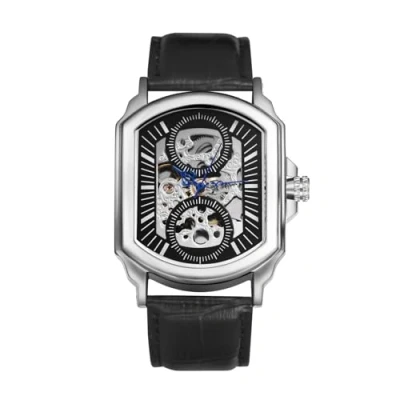 Abbildung von JewelryWe Herrenuhr Automatik Echtleder Uhren: 30m Wasserdicht Automatische Mechanische Armbanduhr Herren Schwarz Lederarmband Automatikuhr Skelett Uhr mit Rechteckigem Zifferblatt
