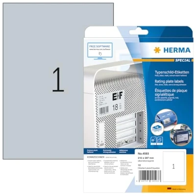 Abbildung von HERMA 4593 Typenschild Folien Etiketten silber, 10 Blatt, 210 x 297 mm, 1 pro A4 Bogen, Stück, selbstklebend, bedruckbar, wetterfest, blanko Klebeetiketten Aufkleber aus Folie