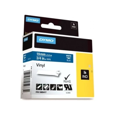 Abbildung von DYMO Rhino Industrie Vinyletiketten 19 mm x 5,5 m weiß auf blau selbstklebendes Schriftband für und LabelManager Beschriftungsgerät