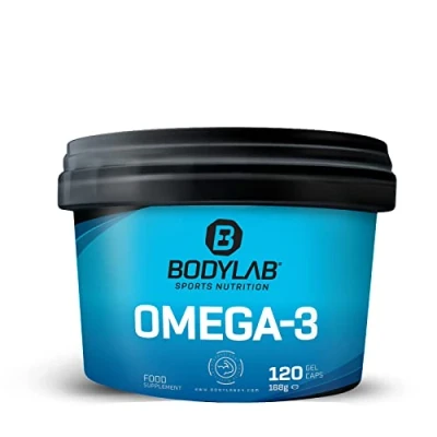 Abbildung von Bodylab24 Omega 3 Kapseln 120 Stück, mit 360mg Eicosapentaensäure (EPA) und 240mg Docosahexaensäure (DHA), wertvollen Fettsäuren als Triglyceride zur Anreicherung der täglichen Ernährung