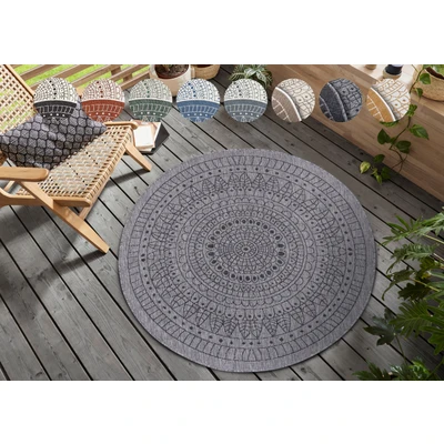 Abbildung von Northrugs Porto in und Outdoor Teppich Rund Runder Wendeteppich Wasserfest Mandala Design Flachgewebe Wetterfest für Balkon, Terrasse, Garten, Wohnzimmer Night Silber, ⌀100cm