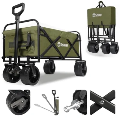 Abbildung von Sekey Bollerwagen Faltbar 200KG Schwerlast, Faltbarer Handwagen Extra Breite Reifen 17x10CM, Klappwagen Strand mit Bremsen, Klassisch 3017, Olivgrün