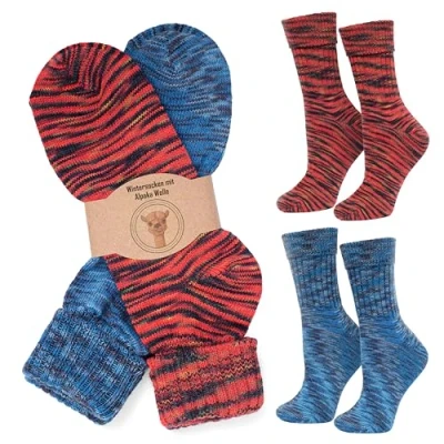 Abbildung von MOUNTREX Alpaka Socken, Wollsocken für Damen, Herren Wintersocken, Kuschelsocken 2 Paar, Orange/Blau (mit Umschlag Dünn), 35 38