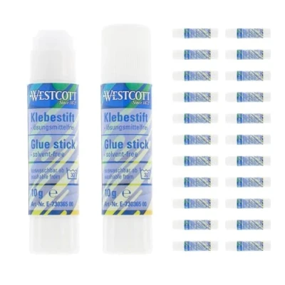 Abbildung von Westcott Klebestift 10g (24 Stück) 24er Vorteilspack Bastelkleber mit 1,5cm transparentem Klebestreifen Klebt stark und dauerhaft 100% lösungsmittelfrei Bei 30 abwaschbar E 730365 00