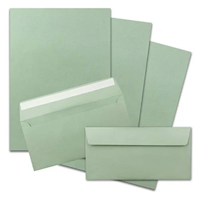Abbildung von 25x Briefpapier Set DIN A4 mit Lang Briefumschlägen, Haftklebung Eukalyptus Grün mattes Schreibpapier Kuverts FarbenFroh by GUSTAV NEUSER