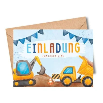 Abbildung von MeinBaby123® 10 Einladungskarten Kindergeburtstag Jungs süße Geburtstagseinladungen für Kinder Bagger inkl. Briefumschläge Premium Qualität (Bagger V3)