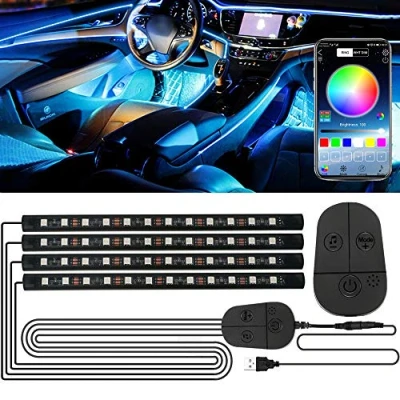 Abbildung von Auto LED Innenbeleuchtung, 48LED RGB Streifen mit Verbesserter APP und Kontroller Atmosphäre Licht, Wasserdicht Mehrfarbige Musik Fußraumbeleuchtung Strip Kit, Starker Klebstoff, 5V USB Anschluss