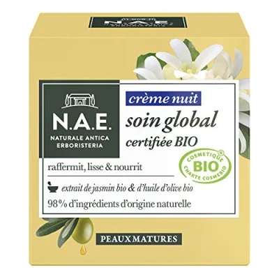 Abbildung von N.A.E. Nachtcreme Bio zertifiziert Global Care reife Haut Extrakt aus Jasmin und Olivenöl 98% Inhaltsstoffe natürlichen Ursprungs Gesichtspflege 50 ml