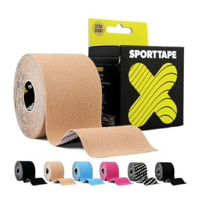 Abbildung von SPORTTAPE Extra Klebriges Kinesiologie Tape, 5 cm x m Beige Hypoallergenes, Wasserfestes Sports Tape Physio Medizinisches Sport bei Muskelverletzungen, Unterstützung Ungeschnitten