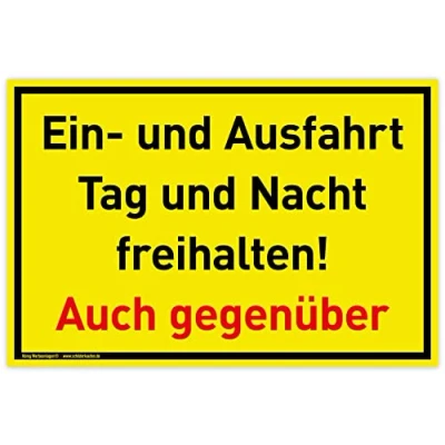 Abbildung von Schild Ein und Ausfahrt 30 x 20 cm wetterfestes PVC mit UV Schutz signalgelb Tag Nacht freihalten Auch gegenüber Einfahrt freihalten,