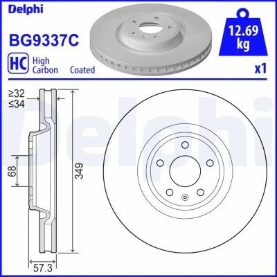 Abbildung von DELPHI BG9337C Bremsscheibe 349 34 5 Belüftet beschichtet hochgekohlt ohne Radlager, ABS Sensorring AUDI: A4 B9 Avant, Q7, A5 Sportback